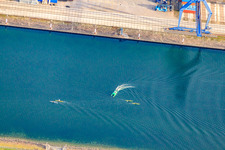 Photographie aérienne de Les premiers rameurs à le quartier Rheinhafen in Karlsruhe dans le département Bade-Wurtemberg, Allemagne