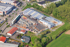 Vue oblique de Minderlachen, commerce de matériaux de construction UNION à le quartier Minderslachen in Kandel dans le département Rhénanie-Palatinat, Allemagne