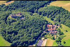 Vue aérienne de Ruines et vestiges des murs de l'ancien complexe du château et de la forteresse Ruines du château de Montfort à Duchroth à le quartier Montforterhof in Hallgarten dans le département Rhénanie-Palatinat, Allemagne