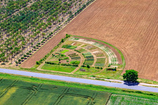 Vue aérienne de Rangées colorées de parterres dans un champ pour cultiver des légumes et des fleurs à Kleinfischlingen dans le département Rhénanie-Palatinat, Allemagne