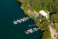 Vue aérienne de Marina avec amarres pour bateaux de plaisance et amarres pour bateaux sur la zone côtière du club de voile RKC Wörth eV à le quartier Maximiliansau in Wörth am Rhein dans le département Rhénanie-Palatinat, Allemagne