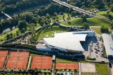 Photographie aérienne de Europahalle Europabad à le quartier Südweststadt in Karlsruhe dans le département Bade-Wurtemberg, Allemagne