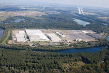 Photographie aérienne de Complexe immobilier et terrain du centre logistique mondial Daimler AG sur l'île de Grün à Germersheim dans le département Rhénanie-Palatinat, Allemagne