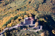 Photographie aérienne de Le complexe du château de Reichsburg Trifels entouré par la forêt à Annweiler am Trifels dans le département Rhénanie-Palatinat, Allemagne