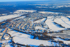 Vue oblique de Vue du village sous la neige en hiver depuis l'ouest à le quartier Neuburg in Neuburg am Rhein dans le département Rhénanie-Palatinat, Allemagne