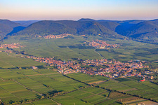 Vue aérienne de Vue de la ville depuis l'est En arrière-plan Rhodt unter Rietburg et la lisière de Haardt de la forêt du Palatinat dans la lumière du matin à Edesheim dans le département Rhénanie-Palatinat, Allemagne