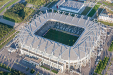 Vue aérienne de Zone d'installations sportives de l'arène du stade BORUSSIA-PARK à le quartier Rheindahlen-Land in Mönchengladbach dans le département Rhénanie du Nord-Westphalie, Allemagne