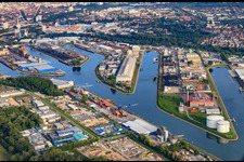 Photographie aérienne de Ports du Rhin Karlsruhe à le quartier Mühlburg in Karlsruhe dans le département Bade-Wurtemberg, Allemagne