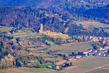 Vue aérienne de Wachtenburg (ruines du château Wachenheim) à le quartier Wachenheim in Wachenheim an der Weinstraße dans le département Rhénanie-Palatinat, Allemagne