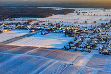 Vue aérienne de Raiffeisenstraße en hiver avec de la neige à Freckenfeld dans le département Rhénanie-Palatinat, Allemagne