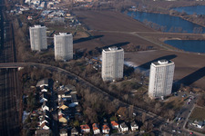 Vue aérienne de Oggersheim, immeubles de grande hauteur sur la Froschlache à le quartier Friesenheim in Ludwigshafen am Rhein dans le département Rhénanie-Palatinat, Allemagne