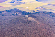 Vue aérienne de Restes des murs des ruines de l'ancien château Straufhain à le quartier Seidingstadt in Straufhain dans le département Thuringe, Allemagne