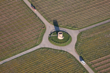 Vue aérienne de Paysage viticole des domaines viticoles avec tour de grès - Winzerturm (Palatinat) à le quartier Niederhochstadt in Hochstadt dans le département Rhénanie-Palatinat, Allemagne