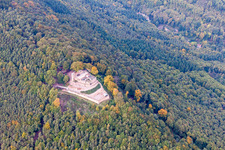 Vue aérienne de Ruines et vestiges des murs de l'ancien complexe du château de Rietburg à le quartier Rhodt in Rhodt unter Rietburg dans le département Rhénanie-Palatinat, Allemagne