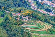 Vue aérienne de Château de Kropsburg et taverne du château de Kropsburg à le quartier SaintMartin in Sankt Martin dans le département Rhénanie-Palatinat, Allemagne