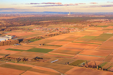 Vue aérienne de Vue du village le soir depuis le sud-ouest à le quartier Ottersheim in Ottersheim bei Landau dans le département Rhénanie-Palatinat, Allemagne