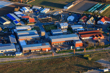 Vue aérienne de Zone industrielle de Nordring avec NETTO et caserne de pompiers volontaires Rülzheim et Serr Wintergärten GmbH à Rülzheim dans le département Rhénanie-Palatinat, Allemagne