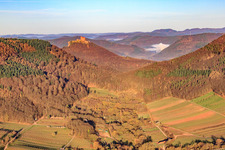 Vue aérienne de Trifels de la vallée de Ranschbacher à Ranschbach dans le département Rhénanie-Palatinat, Allemagne