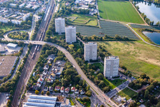 Vue aérienne de Immeubles de grande hauteur sur la Froschlache à le quartier Friesenheim in Ludwigshafen am Rhein dans le département Rhénanie-Palatinat, Allemagne
