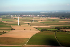 Vue aérienne de Les éoliennes de l'ouest à Minfeld dans le département Rhénanie-Palatinat, Allemagne
